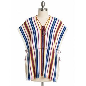 Vintage Handwoven Mexican Huipil Tunic Striped Fringe Poncho Top Multi-Color